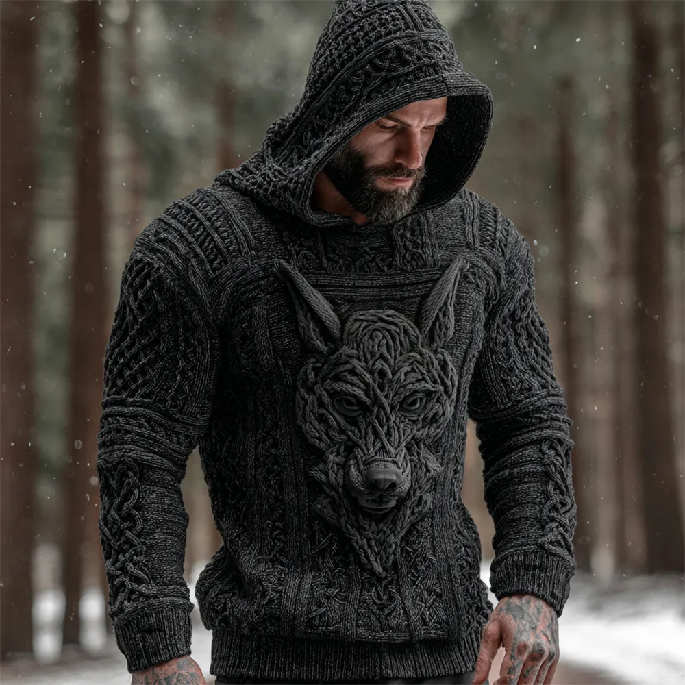 Viking Dark Hellhound Art Men's Hooded Knit Sweater