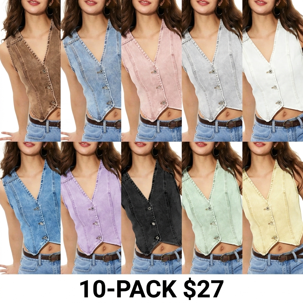 Women's Light Wash Denim Vest – Button Fly V Neck Sleeveless Tank Top