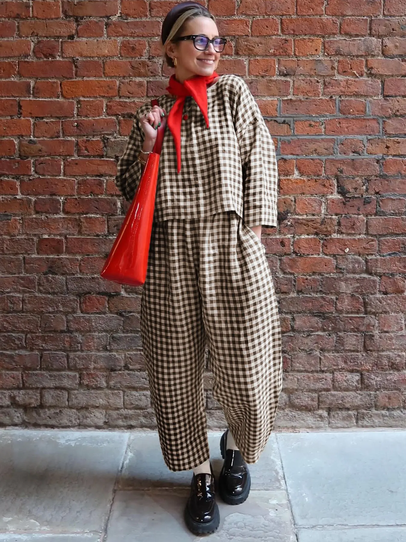 Women's Casual Woven Fabric Plaid Checkered Print Co-ord Set for Fall, Loose Fit Long Sleeve Top & Elastic Waist Wide Leg Pants Two-Piece Set