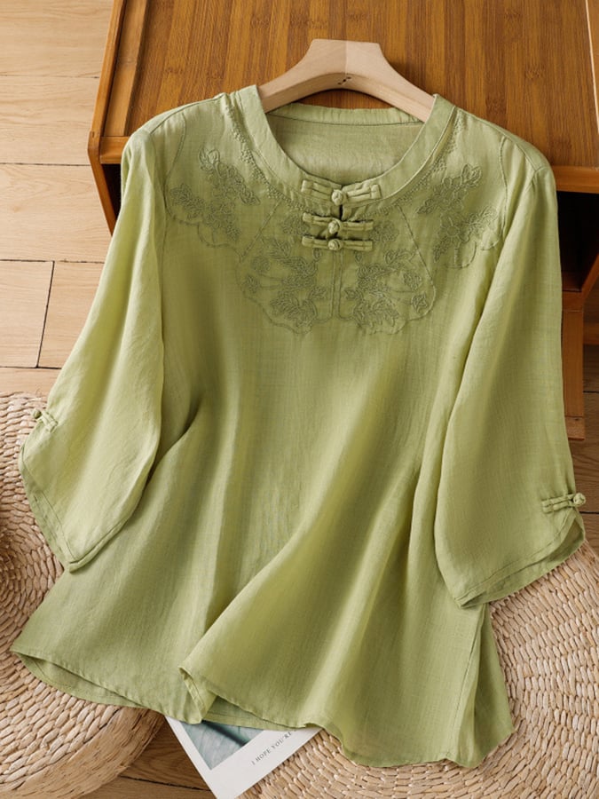 Women'S Cotton And Linen Floral Print Top