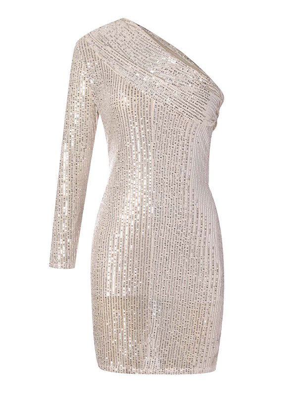 Shiny Sequinned Off-The-Shoulder Long Sleeves Asymmetric Party Mini Dresses