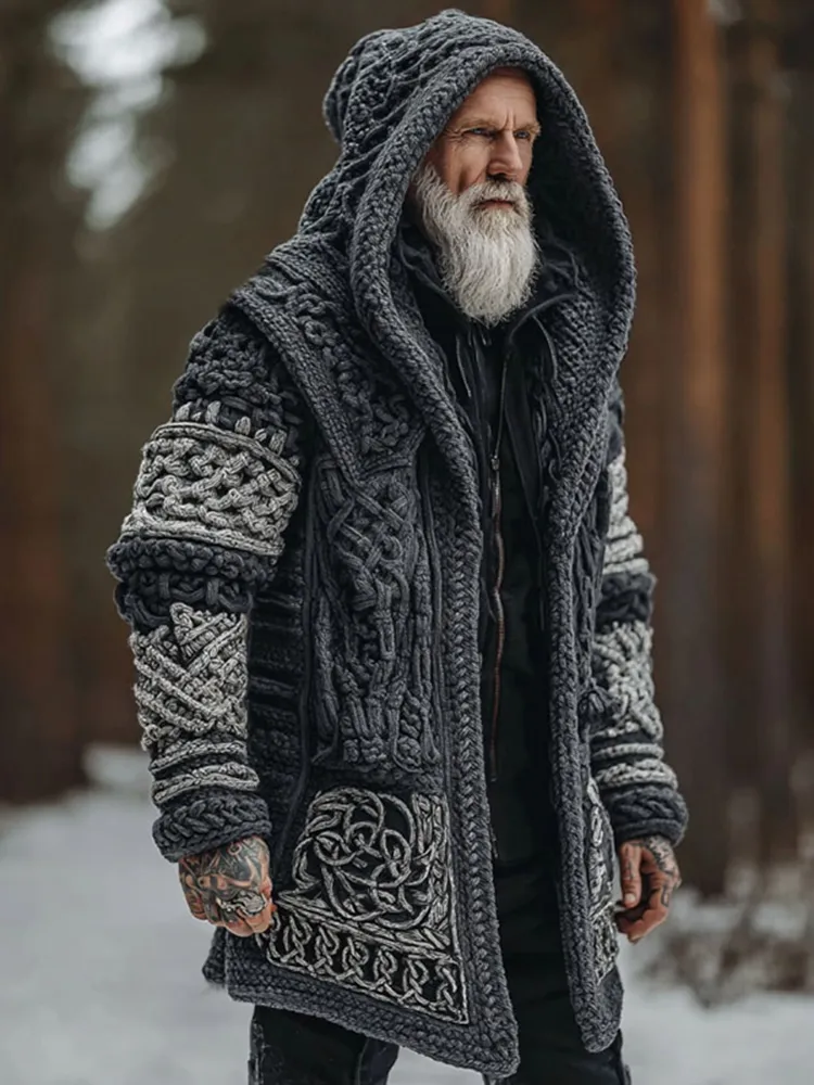 Men's Viking Celtic Knot Contrast Jacquard Cozy Midi Cardigan Sweater