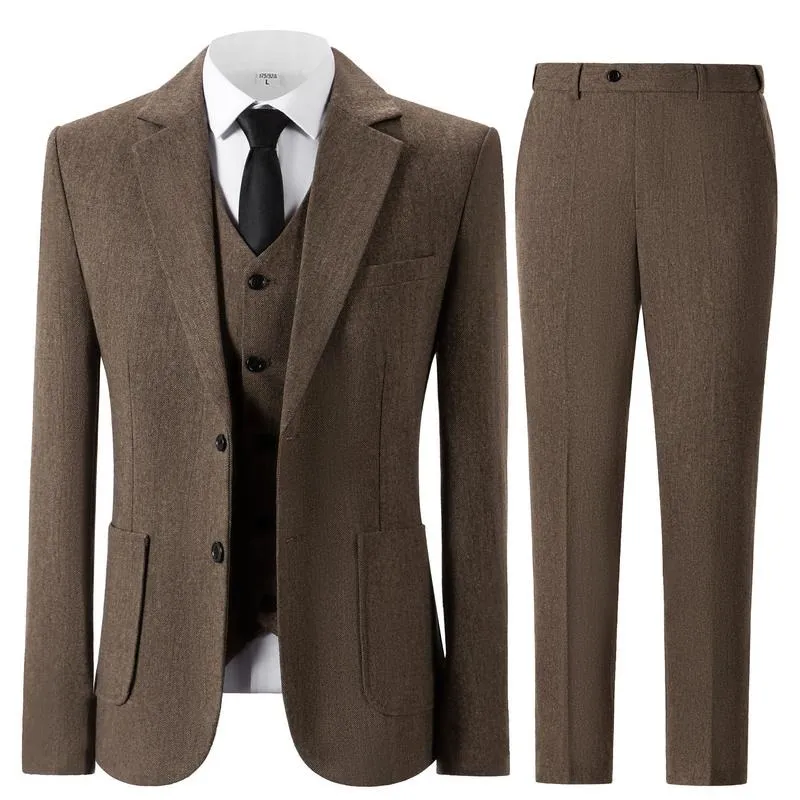 Men's Retro 3-Piece Tweed Herringbone Suit Set Two-Buttons Blazer Vest Pants Autumn New Arrival Formal Business Attire