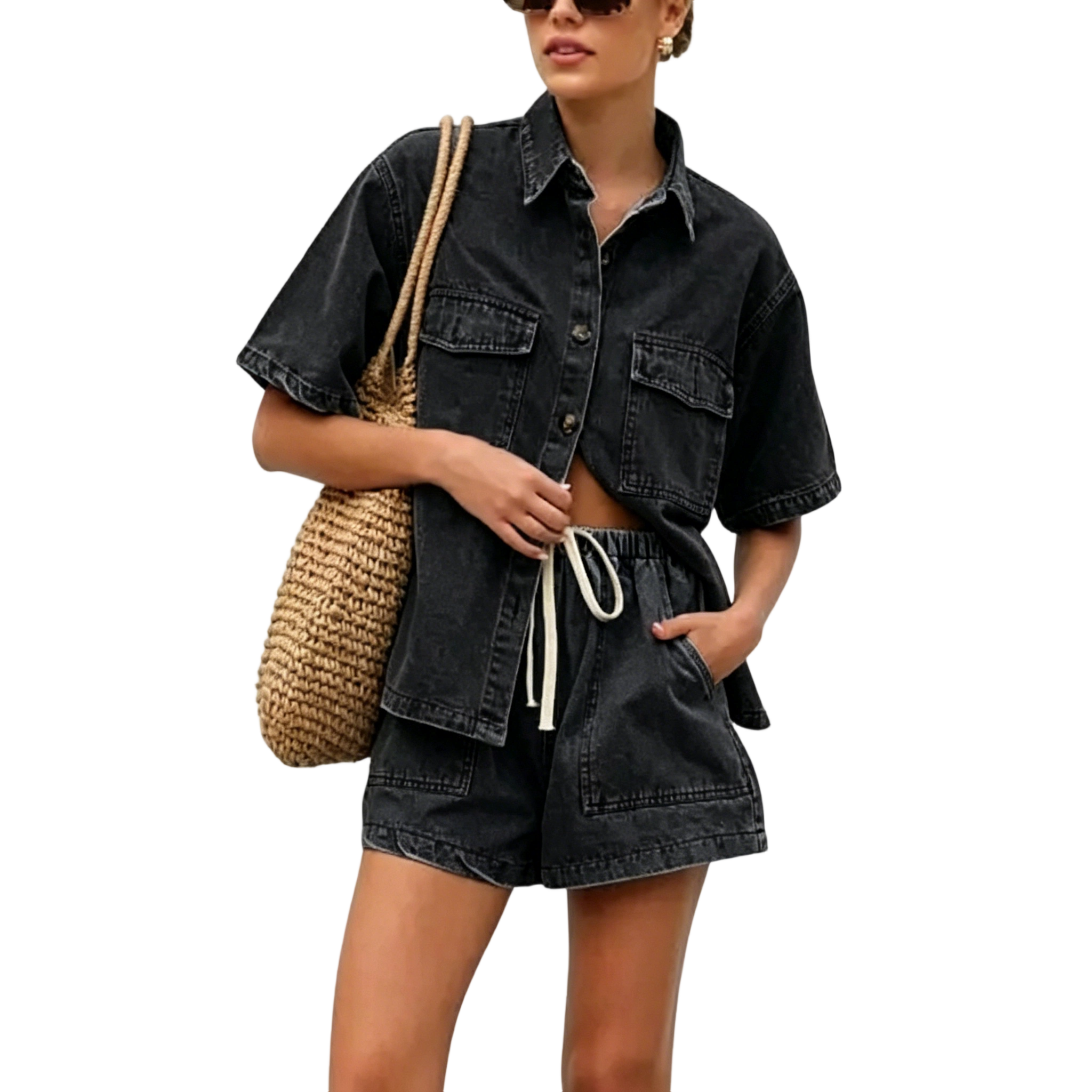 Women's Summer Denim Shirt and Shorts Two-Piece Set Short-Sleeve Button-Down Shirt with Elastic Waist Wide-Leg Shorts Casual Outfit