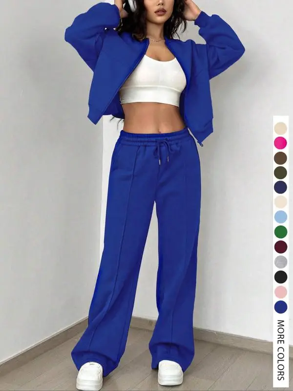 Two-piece Set Women's Solid Zip Up Drop Shoulder Jacket & Pocket Elastic Waist Pants