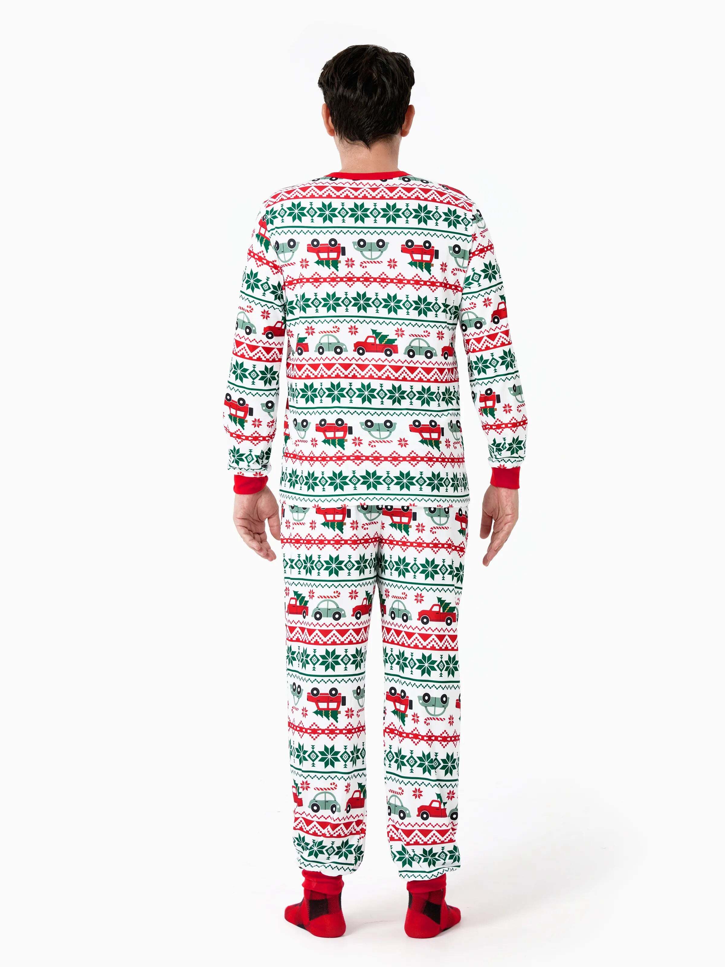 Christmas Matching Family Pajamas Set Snowflake and Car Print PJS with Christmas Socks Red