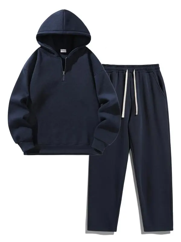 🔥Last Day Promotion 89% OFF🔥Men'S Plain Drop Shoulder Sweatsuit Set, Casual Half Zip Hoodie & Drawstring Sweatpants With Pocket