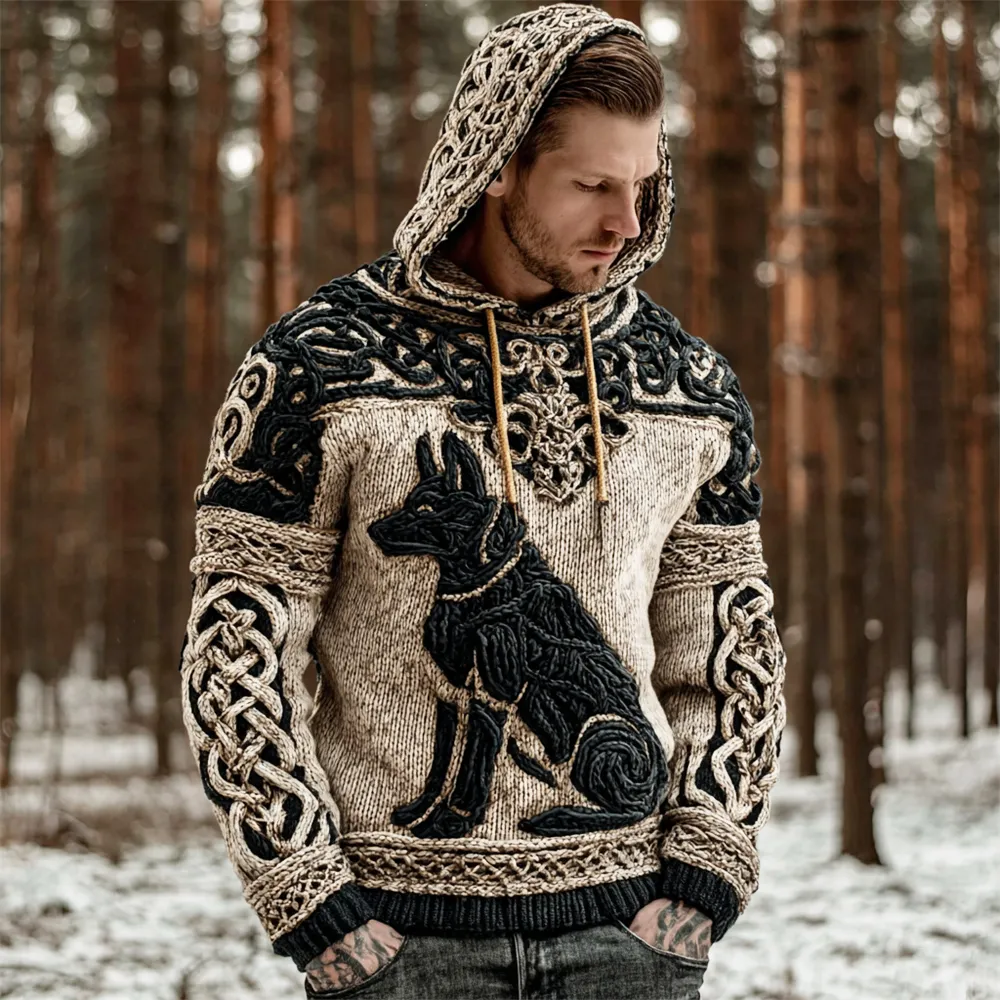 Vintage Celtic Mythology Hellhound Men's Hooded Knit Sweater