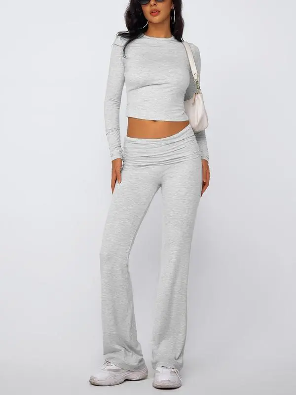 Casual Longsleeves Crop Tee & Fold Over Waist Flare Leg Pants Set