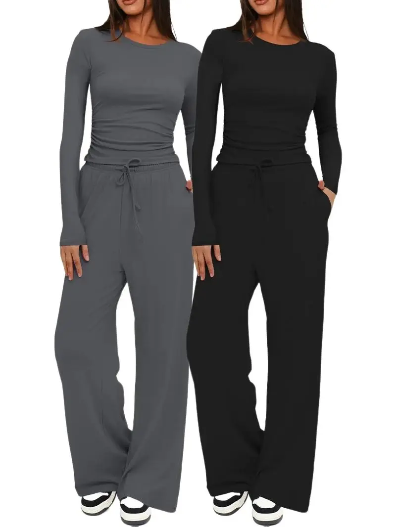 Women's Solid Ruched Tee & Drawstring Pocket Pants Lounge Set