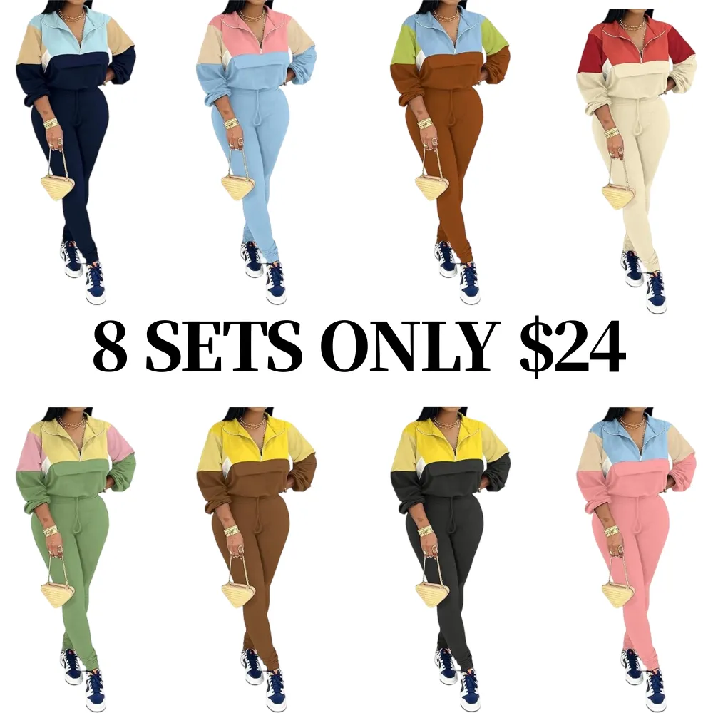 Women's Colorblock 2-Piece Knit Zip Jacket Elastic Waist Tracksuit