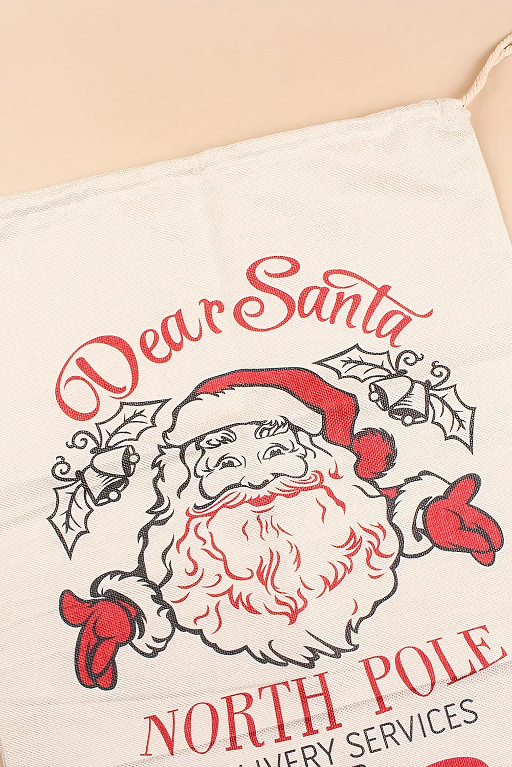 White Santa Clause Print Drawstring Closure Canvas Christmas Gift Bag