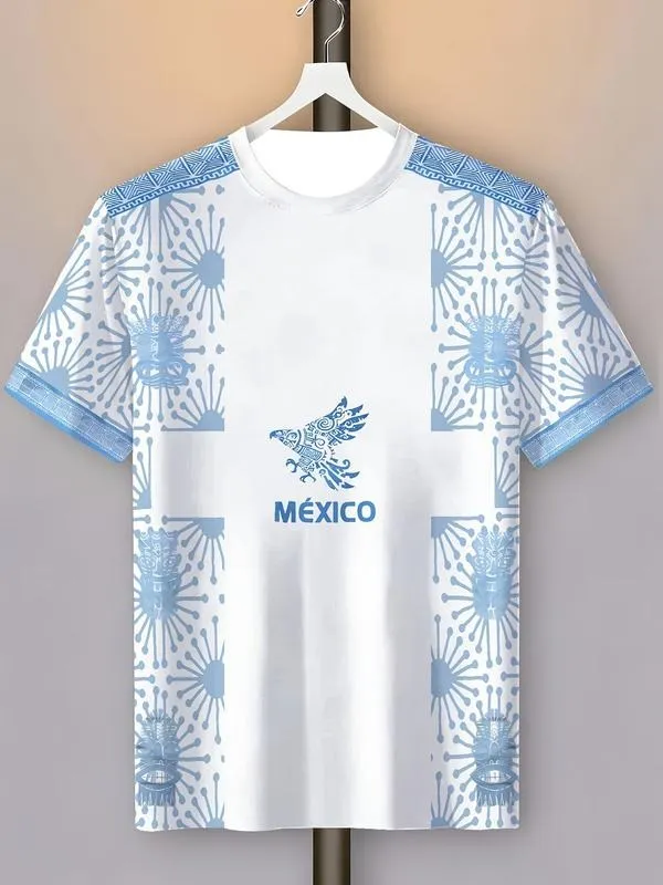 Men's Mexican Football Shirt, Eagle Round Neck Comfortable Breathable Top