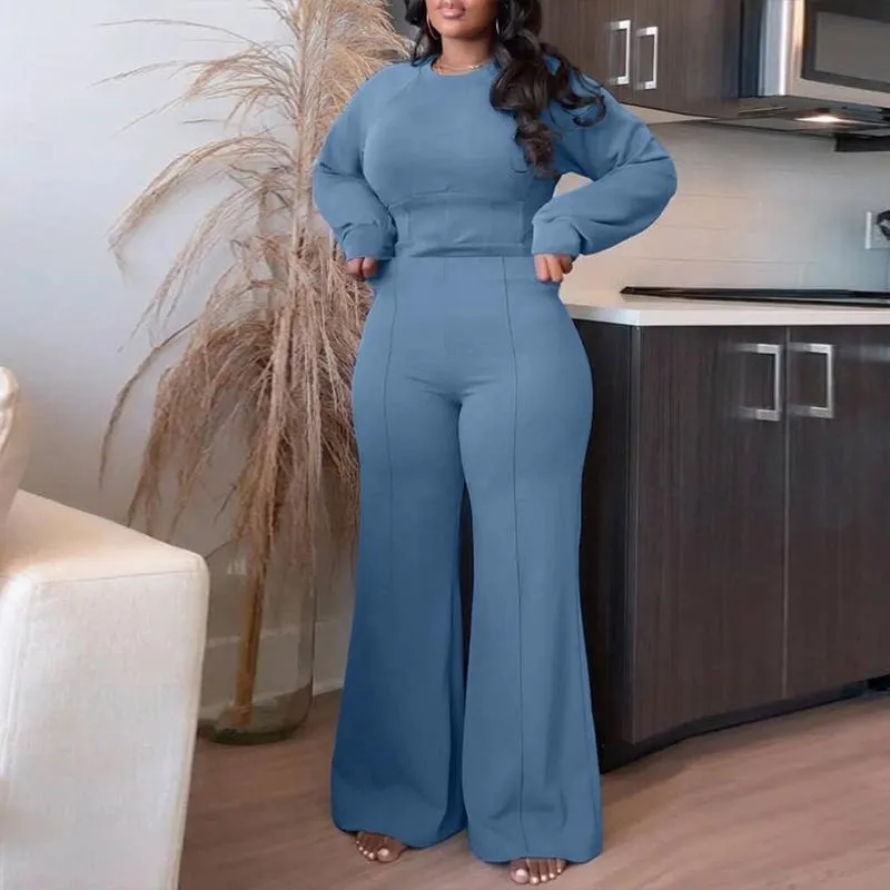 Women's 2 Pieces Outfit O-neck Long Sleeve Cinched Waist Sweatshirt and Elastic Waist Wide Leg Pants Set