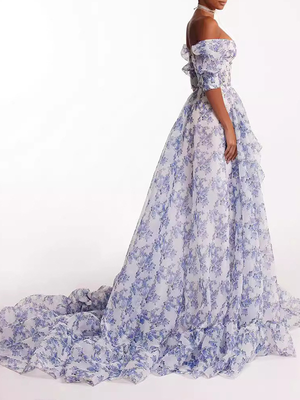 Flower Printed Puffled Short Sleeves Split-Side One-Shoulder Evening Gauze Maxi Dresses