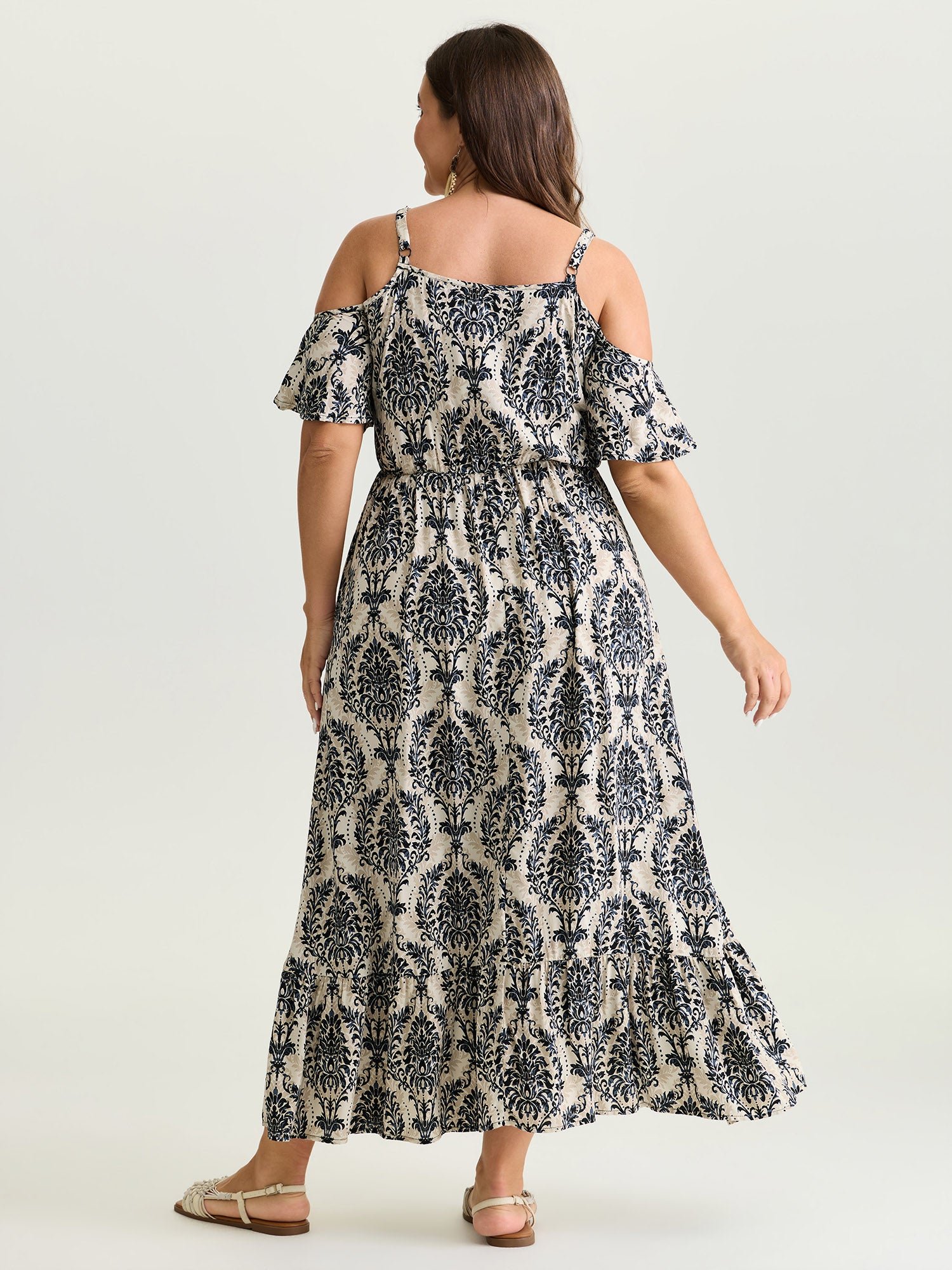 Ornate Print Cold-Shoulder Maxi Dress