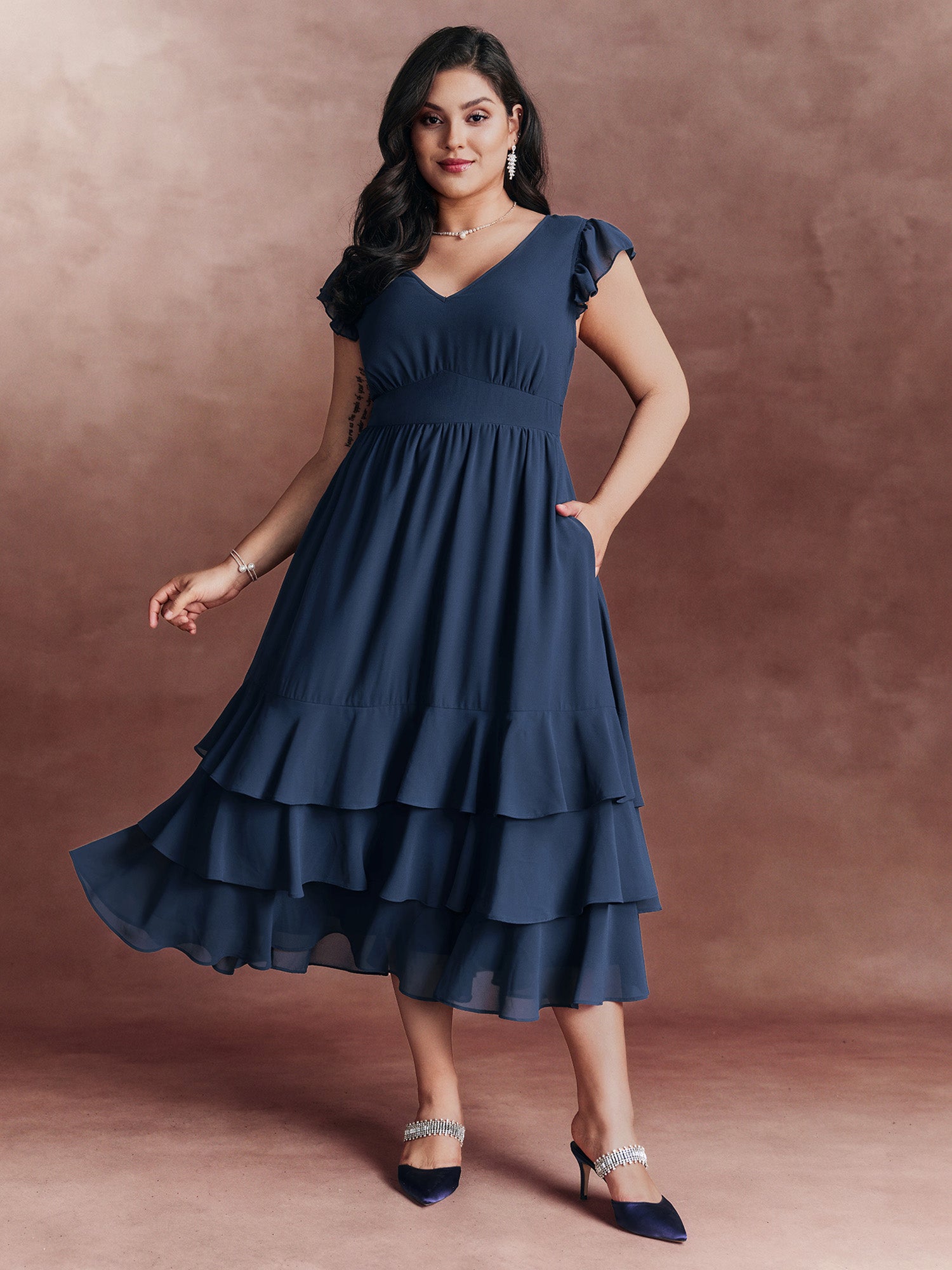 Backless Tie Layered Hem Flutter Sleeve Maxi Dress