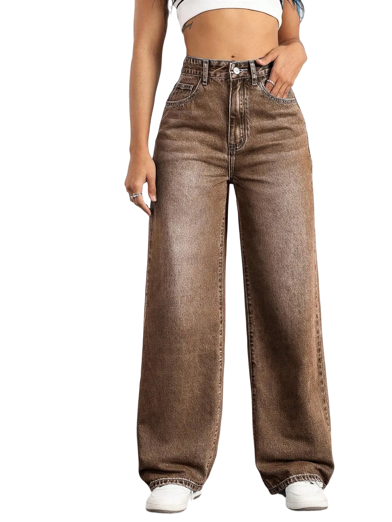 Women’s Elastic Waist Stacked Denim Jeans – Button Front, Pockets, High-Waisted Casual Straight Leg Pants