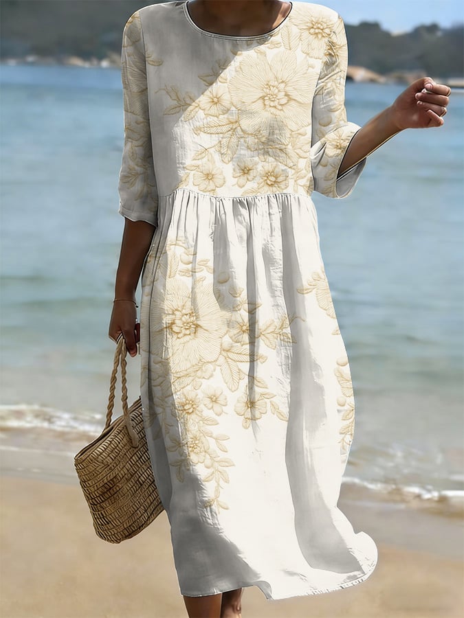 Women's Casual Solid Color Round Neck Mid-Sleeve Floral Print Cotton Linen Dress- Fast Shipping
