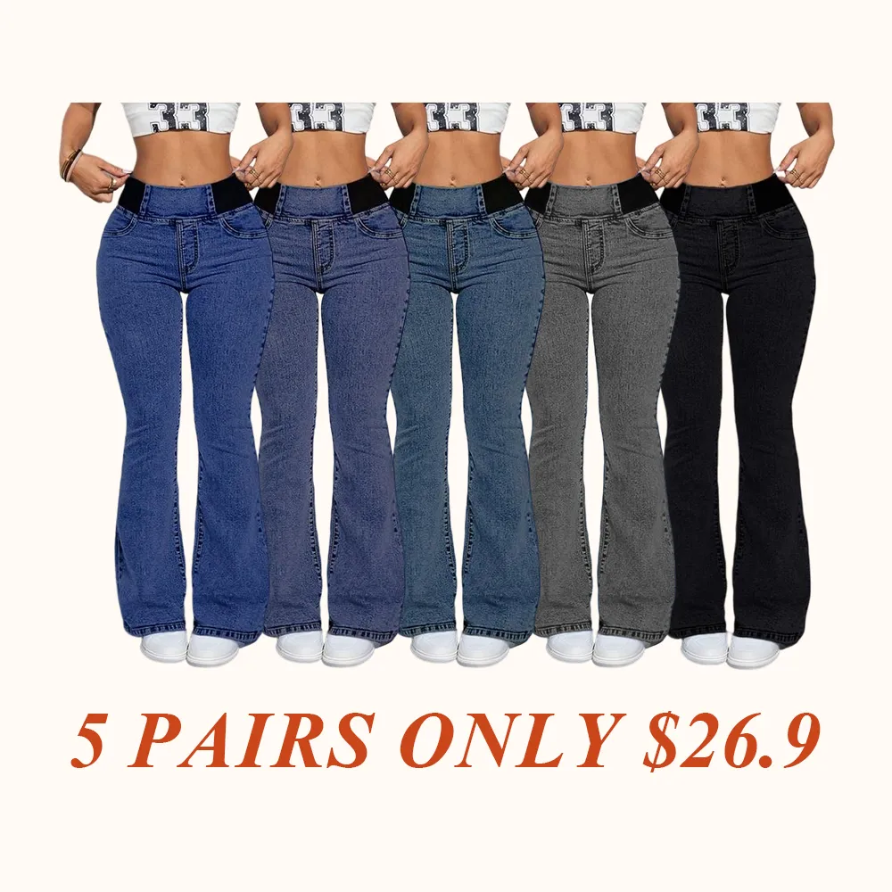 Women's Back Shirred Jeans, Mid - Rise Elasticity Waist Flared Jeans
