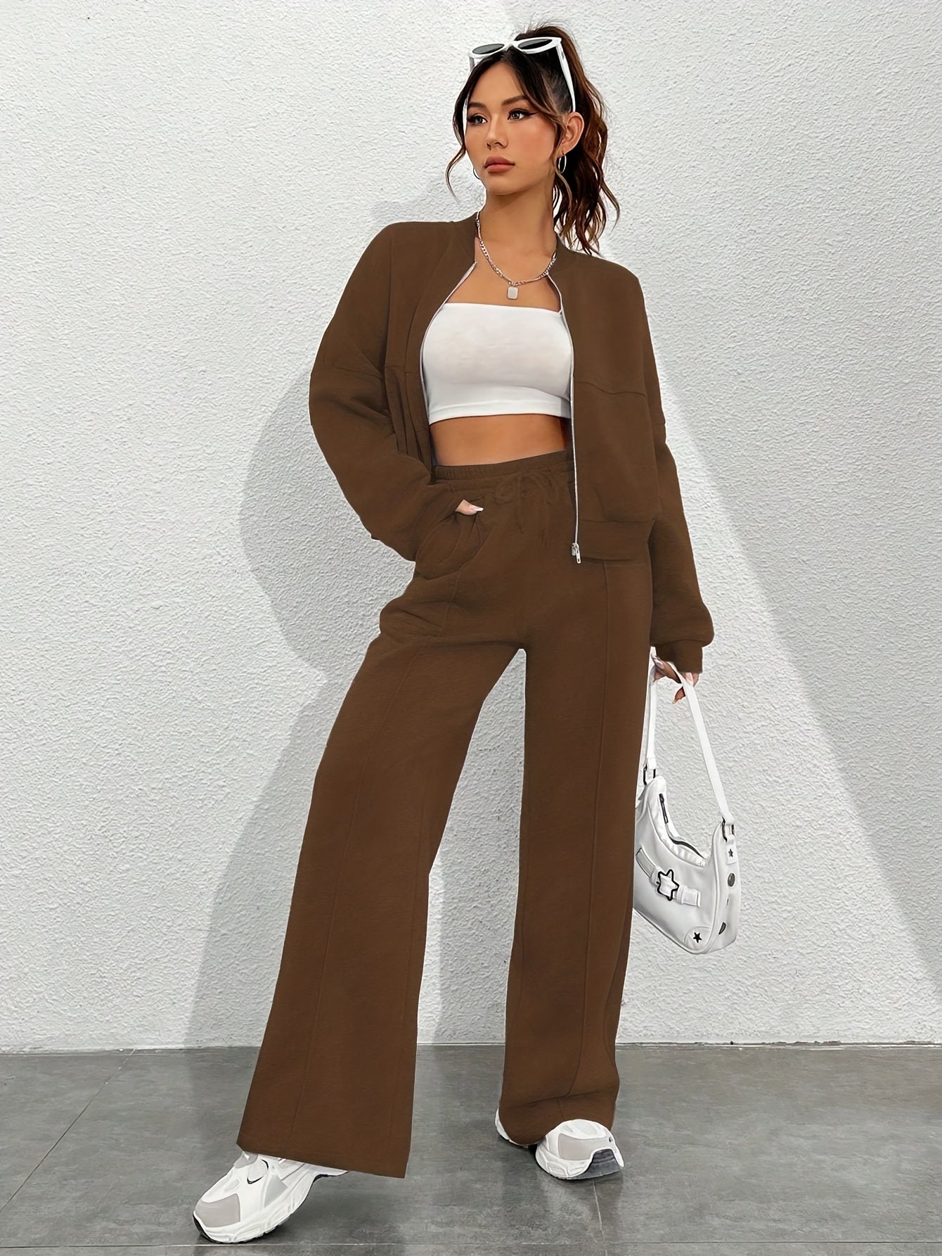 Zip-up Collarless‌ Cardigan Pants Set