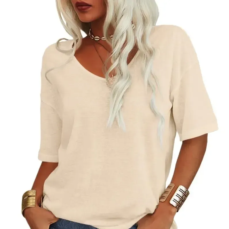 Women Soft V Neck Tshirt Half Sleeve Lightweight Solid Color Loose Fit Minimalist Top