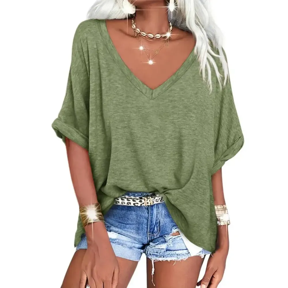 Women's Oversized T Shirts V Neck Short Sleeve Summer Casual Loose Tops Tees Tshirt Elastic Basic Womenswear