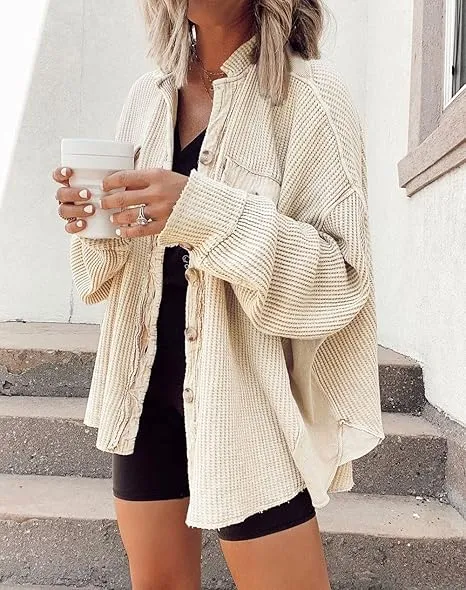 Women's Loose Fit Batwing Sleeve Waffle Knit Button Down Shirt Shacket Tops