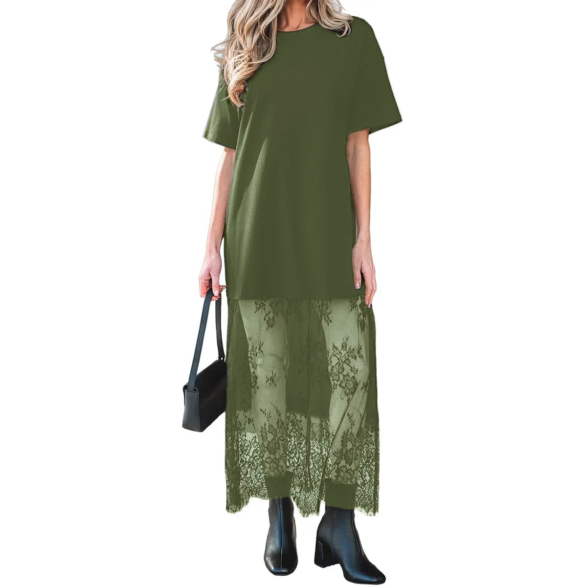 Women’s Oversized T-Shirt Maxi Dress with Sheer Lace Hem