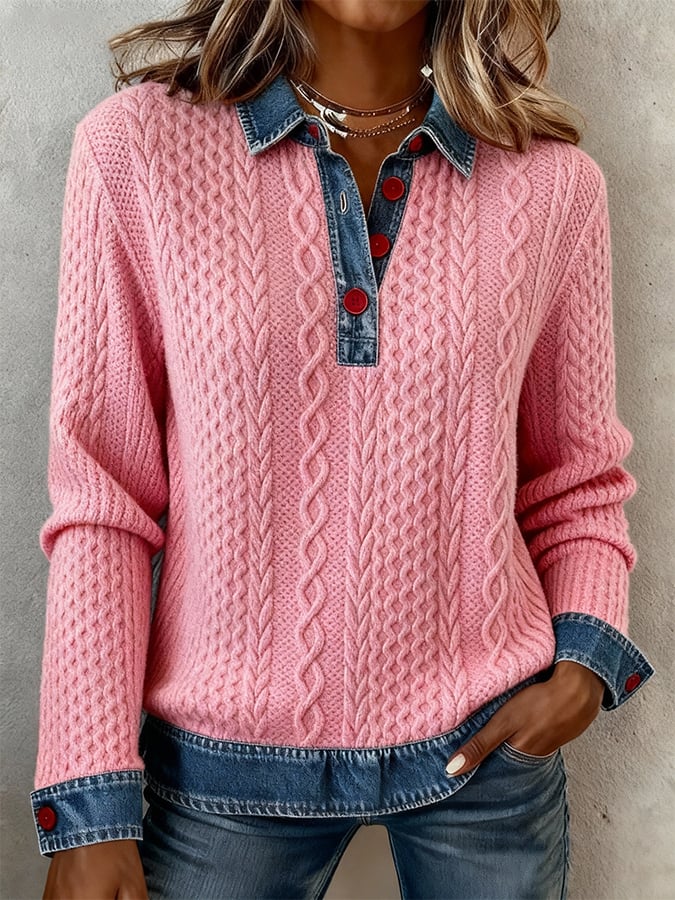 Women's Casual Collared Color Block Sweatshirt