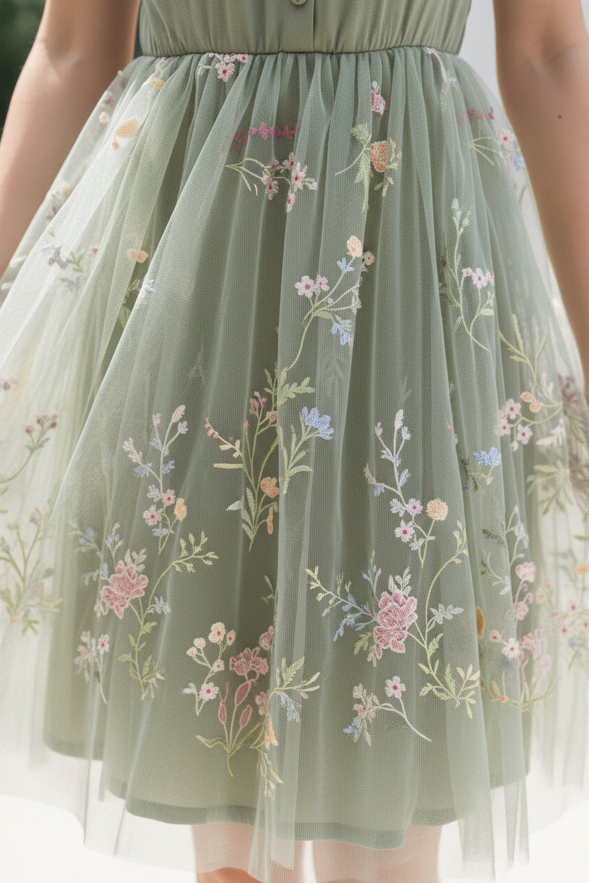 Family Matching Polo Collar Short-sleeve Shirt or V-neck Strappy Mesh Dress  Green