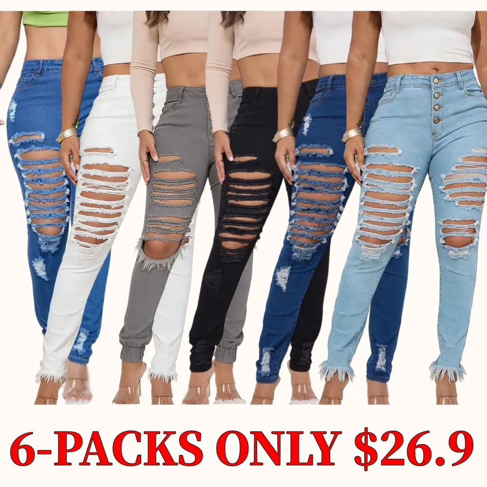 Women's distressed slim-fit jeans, made with stretch denim fabric