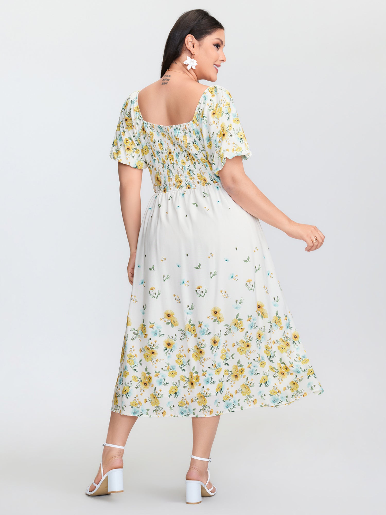 Floral Print Shirred Bodice Triangular Waist Midi Dress