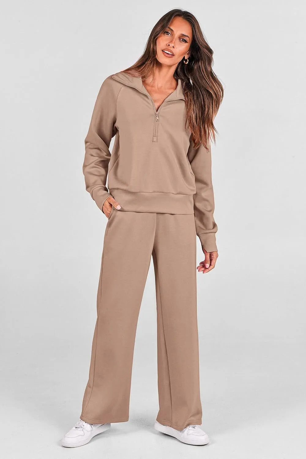 🔥Final Day Clearance!🛒Women's 2 Piece Outfits Casual Lapel Half Zip Sweatshirts And Wide Leg Pants Tracksuit Sets