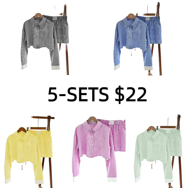 Women's Striped Print Button Front Shirt & Shorts Two-Piece Set