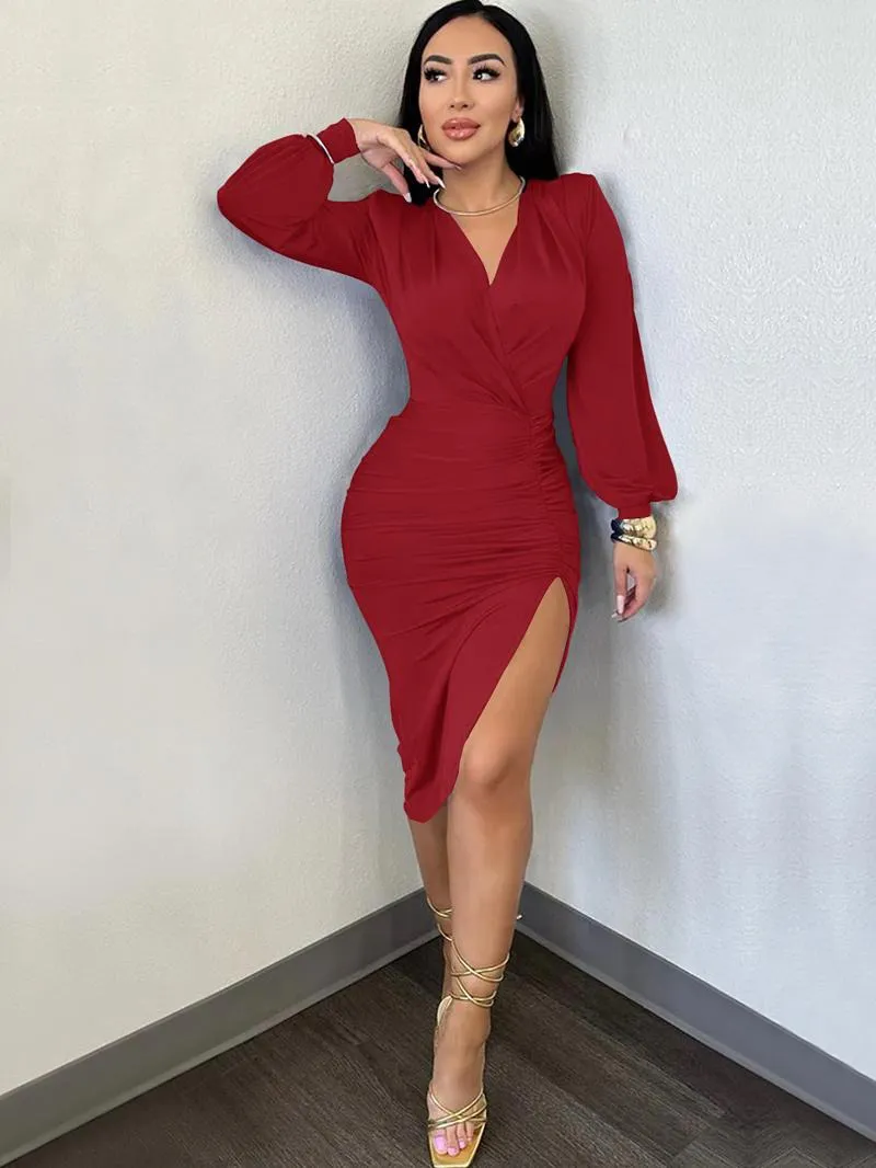 Women's Plain Ruched Wrap Split Thigh Bodycon Dress