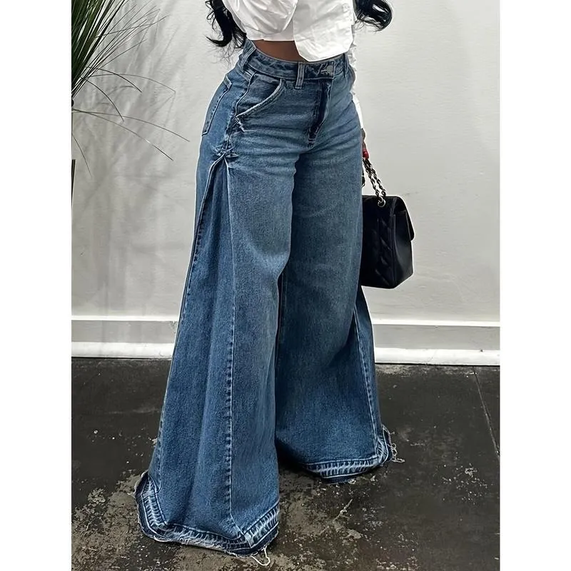 Women Flared Wide Side Loose Jeans High Waist