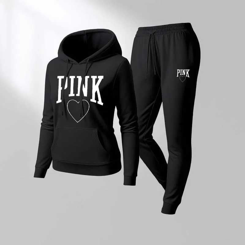 Women's Pink Heart Print Hair And Sunglasses Hoodie And Drawstring Track Pants Set