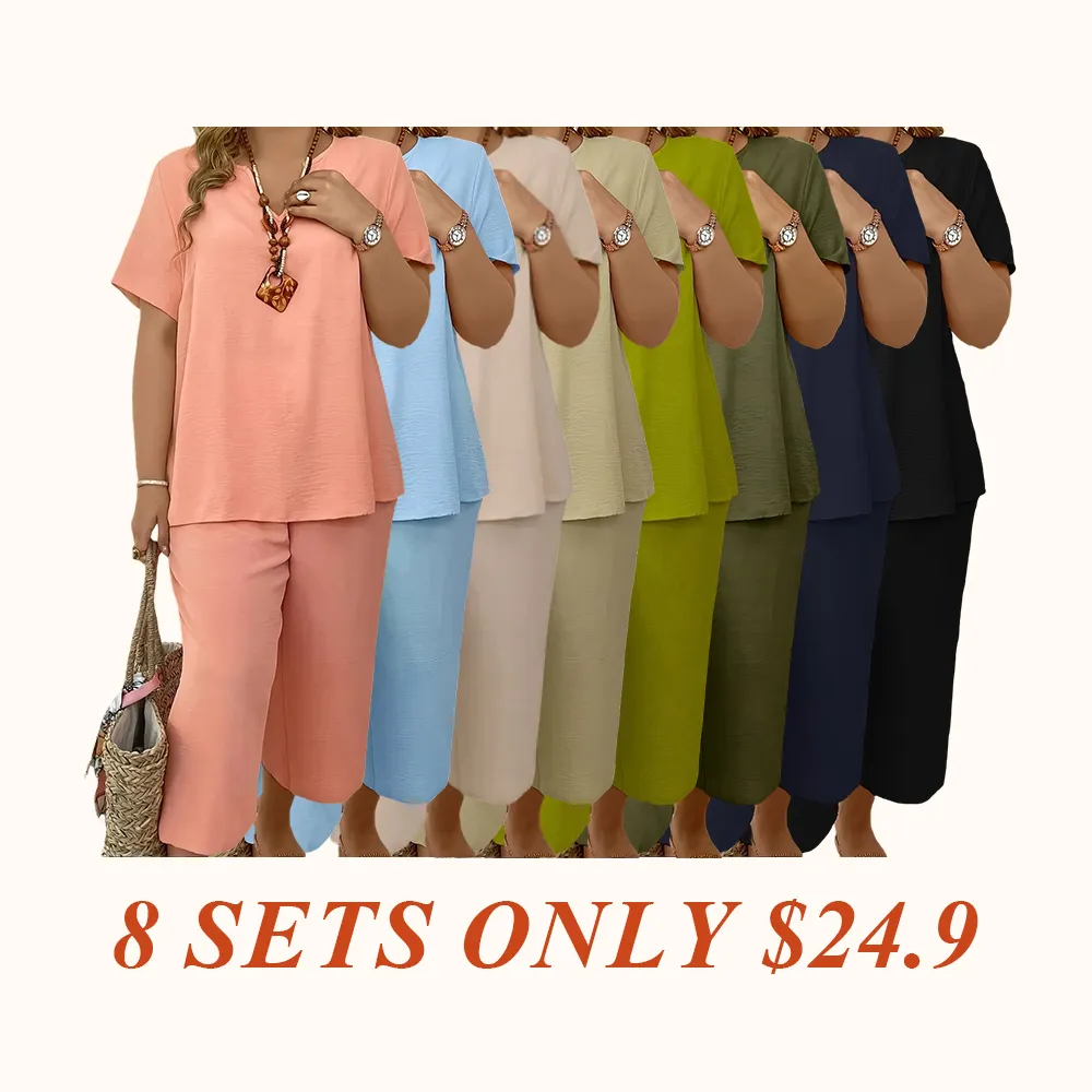 Women's Solid Color Short Sleeve Fashion Top & Casual Wide Leg Pants Set, Summer, Comfortable & Stylish