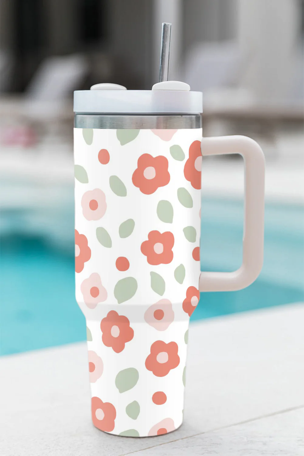 White Floral Leaves Print Stainless Large Portable Cup 40oz