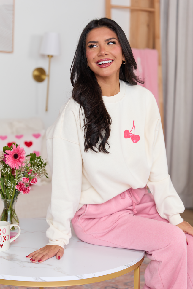 I Love You Cherry Much Cream Graphic Sweatshirt