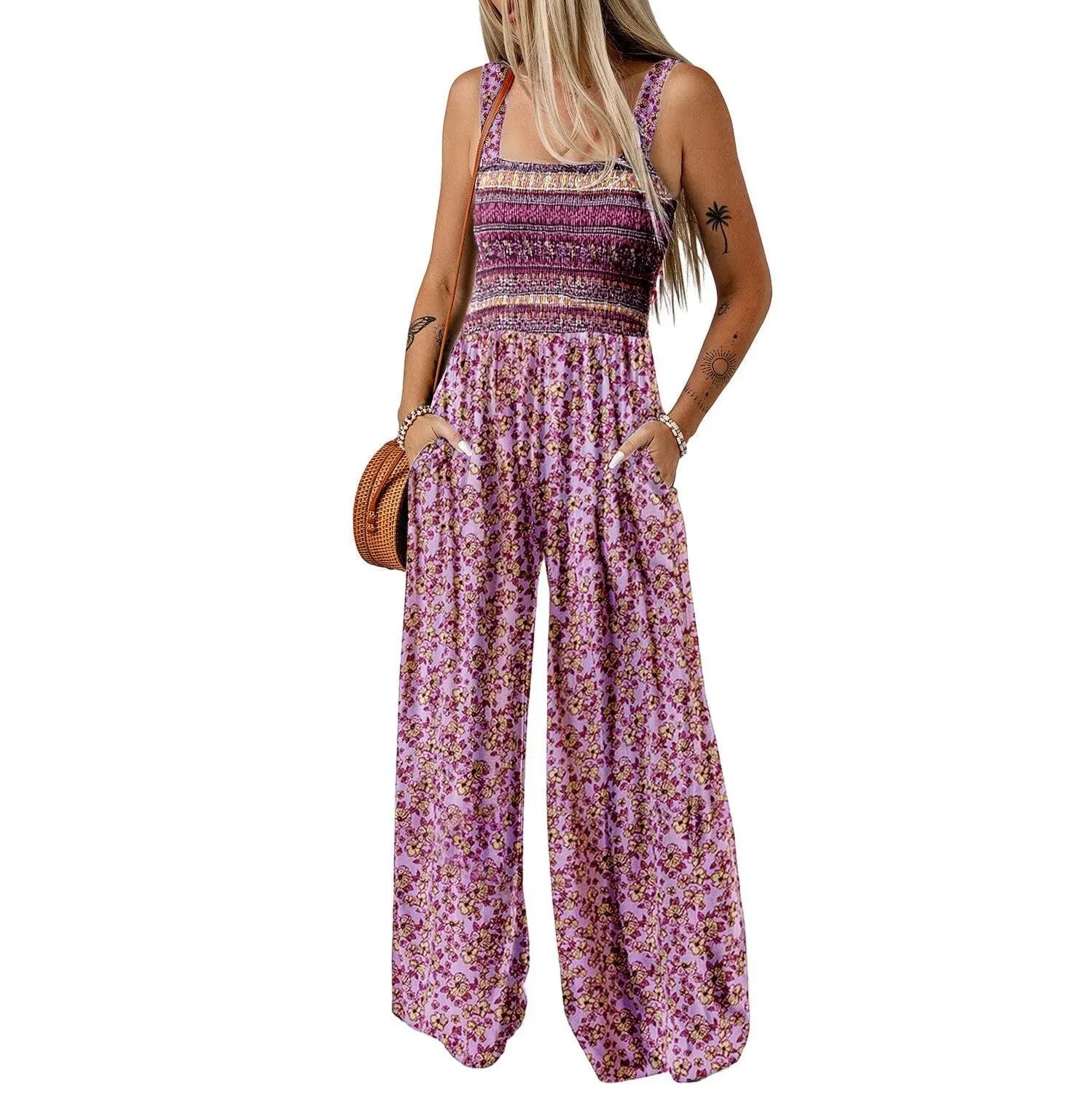 Women's Casual Loose Overalls Jumpsuits One Piece Sleeveless Printed Wide Leg Long Pant Rompers With Pockets