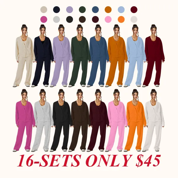 Women's Slouchy Solid Color V Neck Long Sleeve Button Cardigan & Drawstring Waist Trousers Co-ord