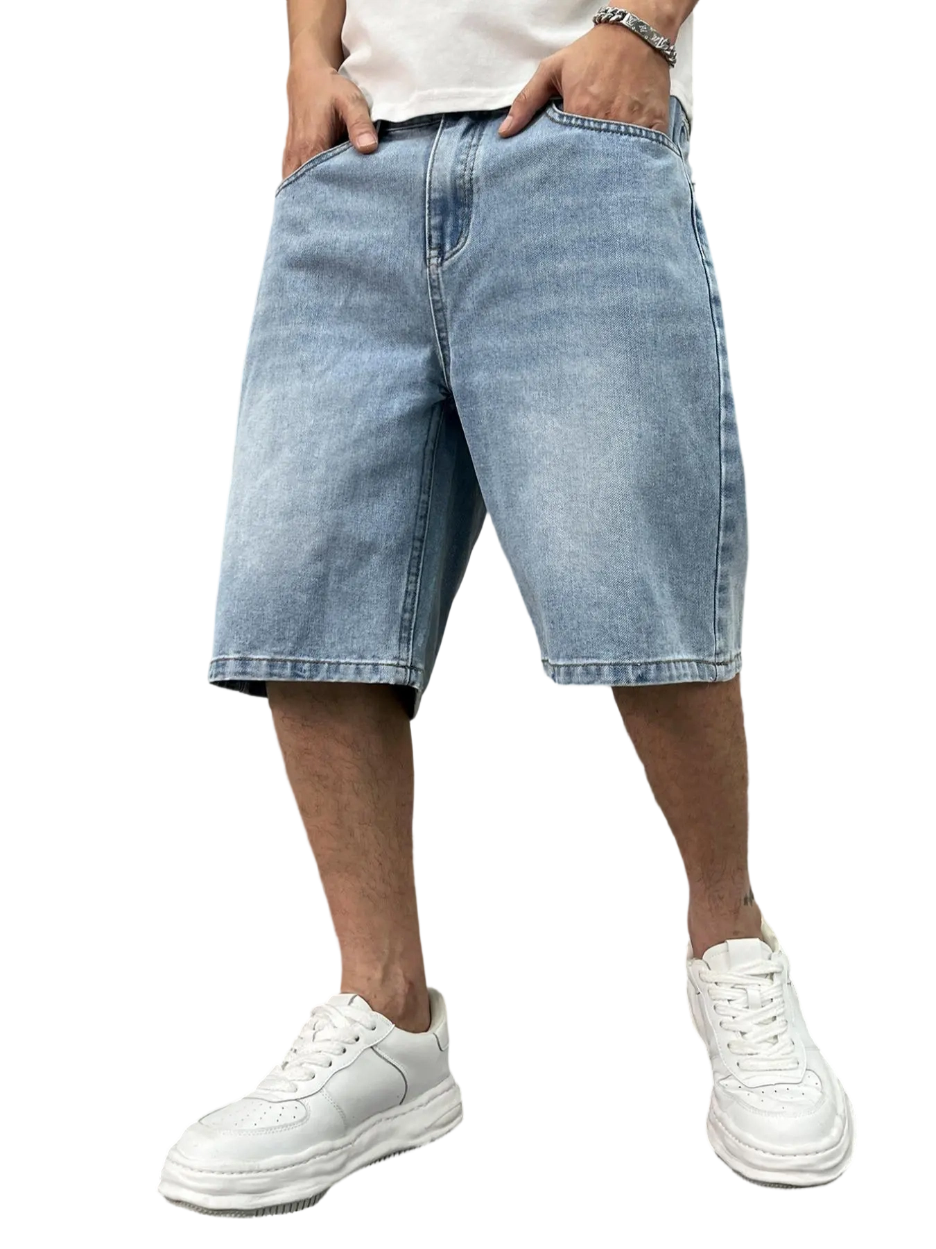 Men's washed retro color denim shorts, trendy, versatile, loose straight-leg casual streetwear denim five-point pants