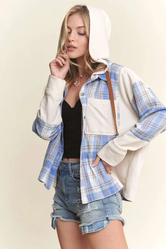 Button Down Plaid Hoodie Shacket