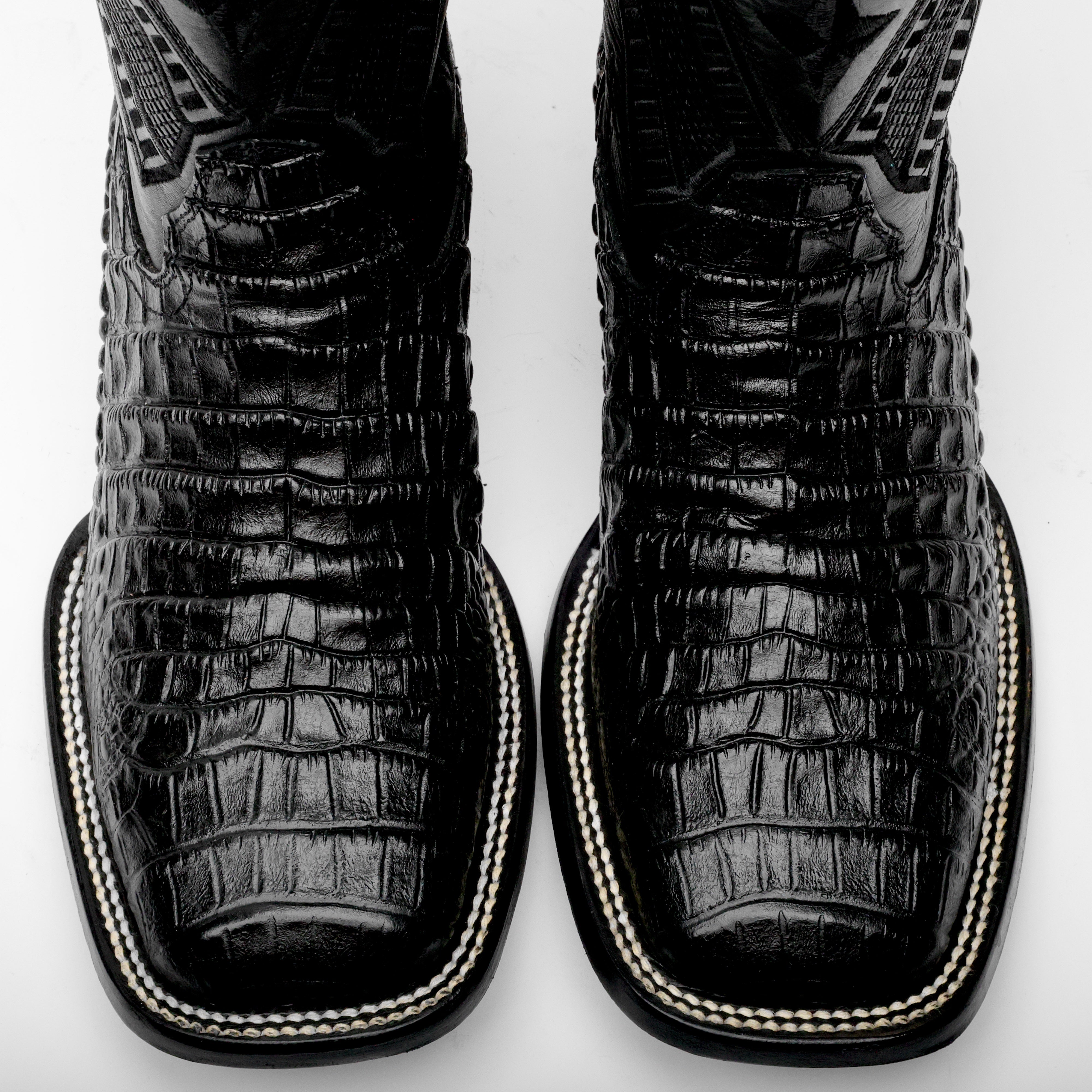 Total Black Caiman Belly Leather Boots - Square Toe