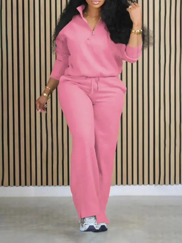 Women's Solid Half Placket Split Hem Pants Set