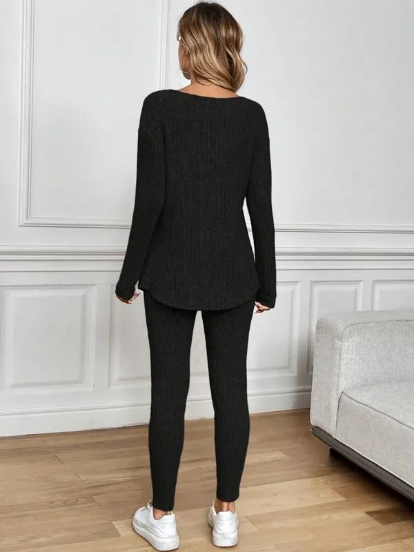 Women's Casual Plush Rib-Knit Long Sleeve T-Shirt And Leggings Suit