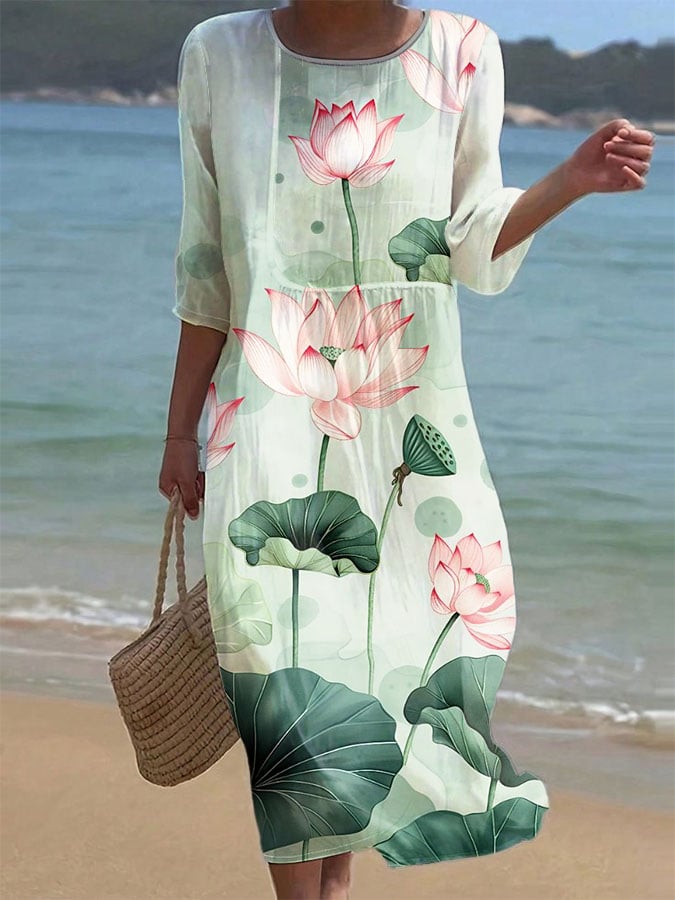 Women'S Vintage Floral Print Vacation Dress- Fast Shipping