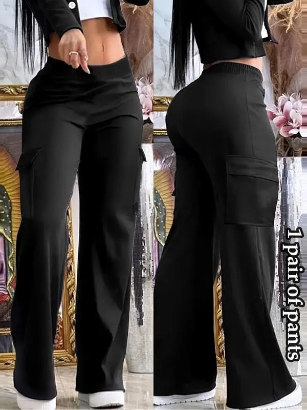 Women's Solid Color Flap Pocket Pants